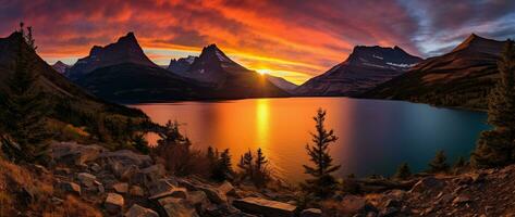 Majestic sunset in Glacier National Park, Montana, USA. AI generated photo