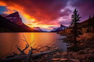 Majestic sunset in Glacier National Park, Montana, USA. AI generated photo