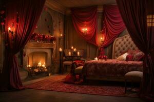 Romantic room interior with pink curtains and red hearts. Valentine's day concept. AI generated photo