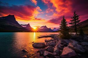 puesta de sol terminado glaciar nacional parque, Montana, unido estados de America ai generado foto