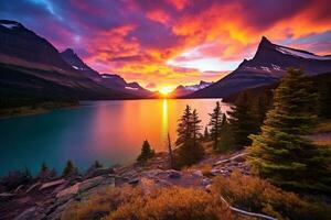 Sunset over Glacier National Park, Montana, United States of America AI generated photo