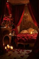 Romantic room interior with pink curtains and red hearts. Valentine's day concept. AI generated photo