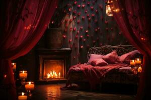 Romantic room interior with pink curtains and red hearts. Valentine's day concept. AI generated photo