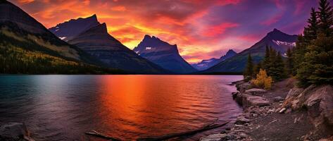 puesta de sol terminado glaciar nacional parque, Montana, unido estados de America ai generado foto