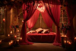 Romantic room interior with pink curtains and red hearts. Valentine's day concept. AI generated photo