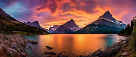 puesta de sol terminado glaciar nacional parque, Montana, unido estados de America ai generado foto