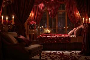 Romantic room interior with pink curtains and red hearts. Valentine's day concept. AI generated photo