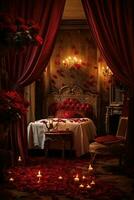 Romantic room interior with pink curtains and red hearts. Valentine's day concept. AI generated photo