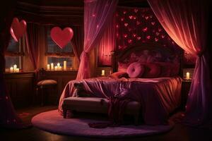 Romantic room interior with pink curtains and red hearts. Valentine's day concept. AI generated photo