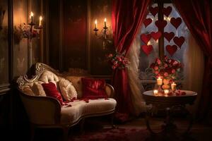 Romantic room interior with pink curtains and red hearts. Valentine's day concept. AI generated photo