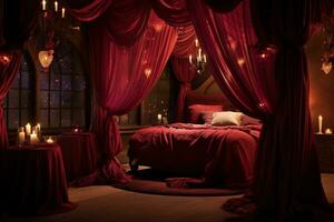 Romantic room interior with pink curtains and red hearts. Valentine's day concept. AI generated photo