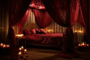 Romantic room interior with pink curtains and red hearts. Valentine's day concept. AI generated photo