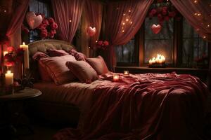 Romantic room interior with pink curtains and red hearts. Valentine's day concept. AI generated photo