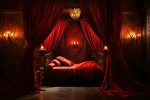 Romantic room interior with pink curtains and red hearts. Valentine's day concept. AI generated photo