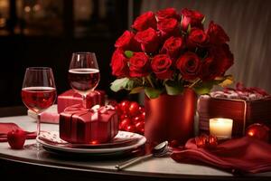 romántico mesa ajuste con rojo rosas, velas y lentes de vino.valentine concepto ai generado foto