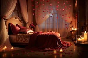 Romantic room interior with pink curtains and red hearts. Valentine's day concept. AI generated photo