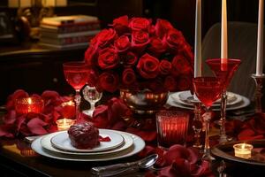 Romantic table setting with red roses, candles and glasses of wine.valentine concept AI generated photo