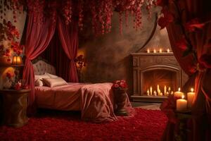 Romantic room interior with pink curtains and red hearts. Valentine's day concept. AI generated photo