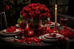 romántico mesa ajuste con rojo rosas, velas y lentes de vino.valentine concepto ai generado foto