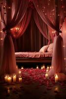 Romantic room interior with pink curtains and red hearts. Valentine's day concept. AI generated photo