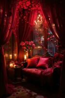 Romantic room interior with pink curtains and red hearts. Valentine's day concept. AI generated photo