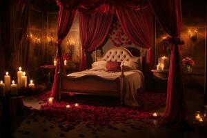 Romantic room interior with pink curtains and red hearts. Valentine's day concept. AI generated photo