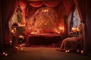 Romantic room interior with pink curtains and red hearts. Valentine's day concept. AI generated photo