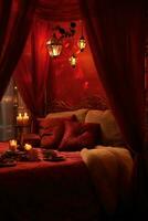 Romantic room interior with pink curtains and red hearts. Valentine's day concept. AI generated photo