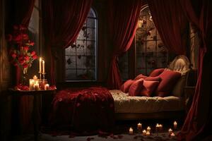 Romantic room interior with pink curtains and red hearts. Valentine's day concept. AI generated photo