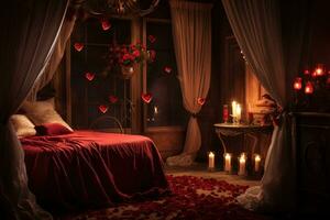 Romantic room interior with pink curtains and red hearts. Valentine's day concept. AI generated photo