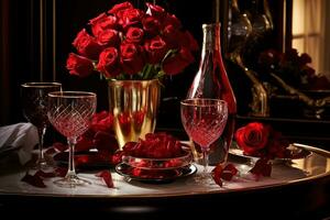 Romantic table setting with red roses, candles and glasses of wine.valentine concept AI generated photo