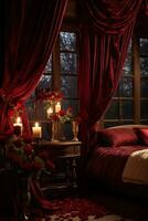 Romantic room interior with pink curtains and red hearts. Valentine's day concept. AI generated photo