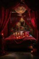 Romantic room interior with pink curtains and red hearts. Valentine's day concept. AI generated photo