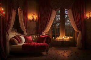 Romantic room interior with pink curtains and red hearts. Valentine's day concept. AI generated photo