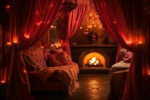 Romantic room interior with pink curtains and red hearts. Valentine's day concept. AI generated photo