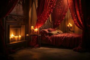 Romantic room interior with pink curtains and red hearts. Valentine's day concept. AI generated photo