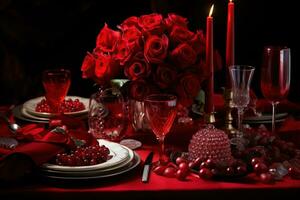 romántico mesa ajuste con rojo rosas, velas y lentes de vino.valentine concepto ai generado foto