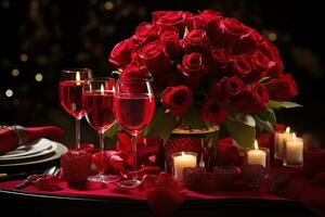 romántico mesa ajuste con rojo rosas, velas y lentes de vino.valentine concepto ai generado foto