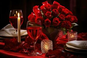 romántico mesa ajuste con rojo rosas, velas y lentes de vino.valentine concepto ai generado foto