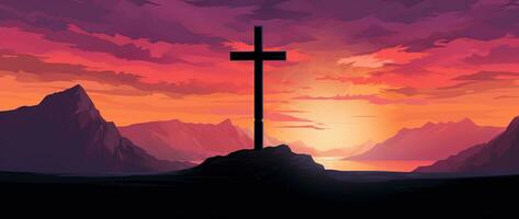 Cross in the mountains at sunset AI generated photo