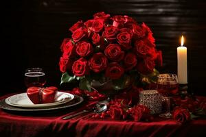 Romantic table setting with red roses, candles and glasses of wine.valentine concept AI generated photo