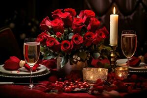 romántico mesa ajuste con rojo rosas, velas y lentes de vino.valentine concepto ai generado foto