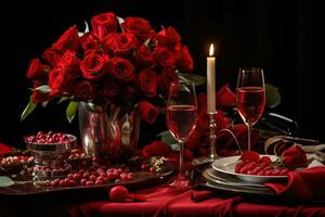 romántico mesa ajuste con rojo rosas, velas y lentes de vino.valentine concepto ai generado foto