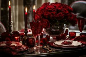 romántico mesa ajuste con rojo rosas, velas y lentes de vino.valentine concepto ai generado foto