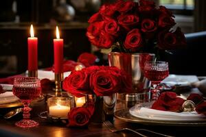 romántico mesa ajuste con rojo rosas, velas y lentes de vino.valentine concepto ai generado foto