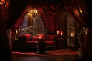 Romantic room interior with pink curtains and red hearts. Valentine's day concept. AI generated photo