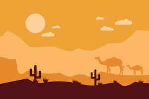 Desert landscape with sun, clouds and camels vector design background with cactus trees