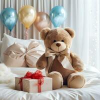 a big bear doll with ribbon on the bed Ai generated photo