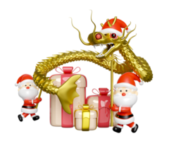 3d guld kinesisk drake dansa med santa claus, gåva låda, hatt. glad jul och Lycklig ny år, 3d framställa illustration png