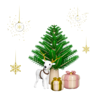 3d renna con neve sfera, ornamenti bicchiere trasparente, pino albero, regalo scatola, fiocco di neve. allegro Natale e contento nuovo anno, 3d rendere illustrazione png